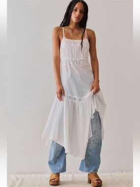 Free People Moon Phase Midi- White Sheer Ruffled Slip Dress